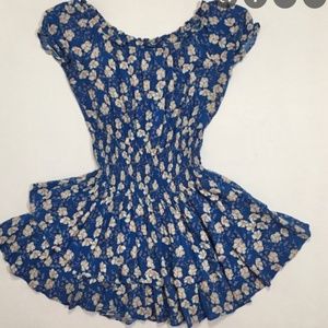 OLIVACEOUS Blue Floral Smocked Ruffle Mini Dress Sz L